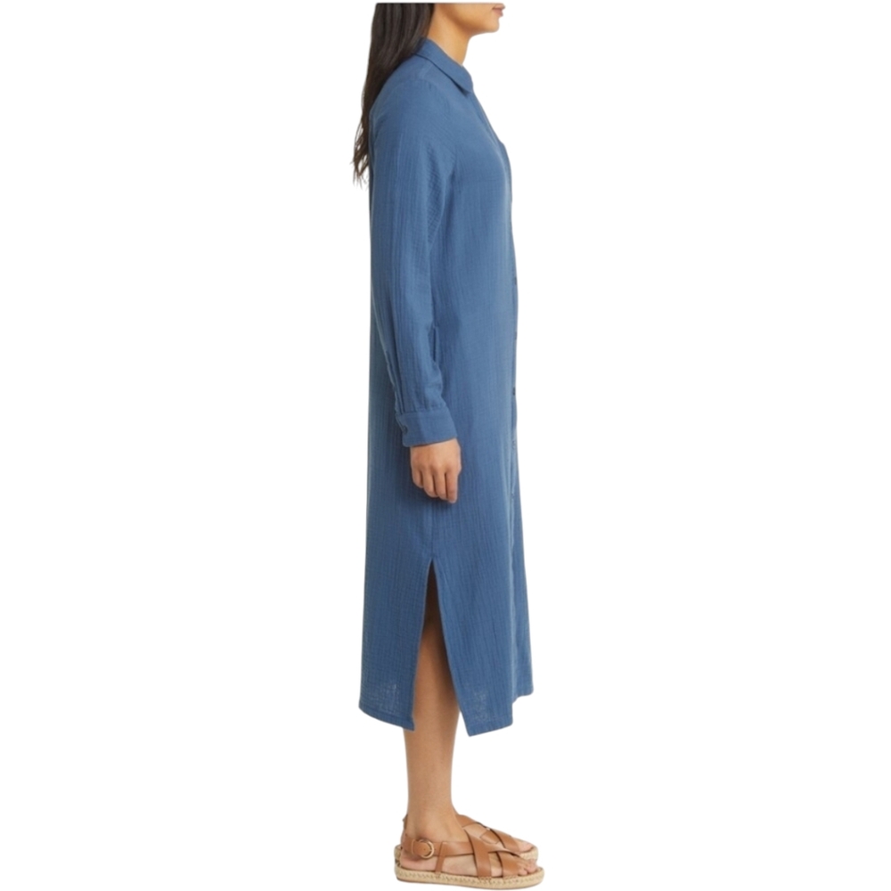 C.A.S.L.O.N-[XL]NWOT Cotton Gauze Long Sleeve Midi Shirtdress - Picture 3 of 11